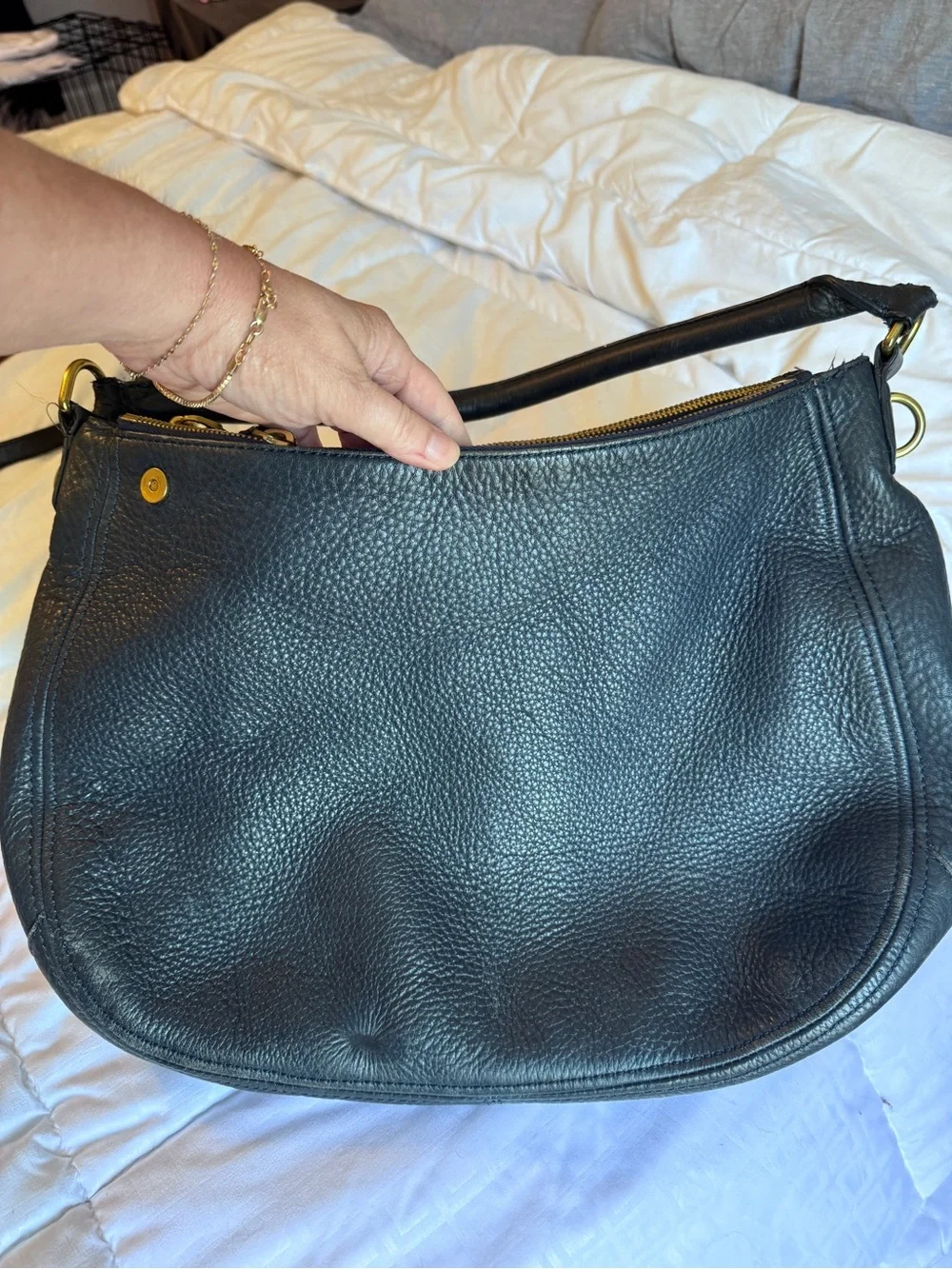J. Crew Navy Pebbled Leather Bag with Gold Hardware